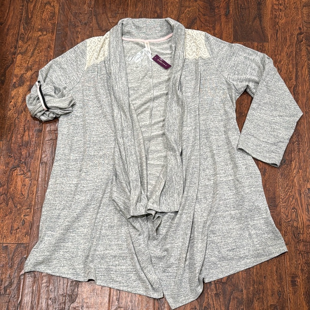 CACIQUE OPEN FRONT CARDIGAN GRAY WITH LACE ACCENT SZ 18/20 NWT